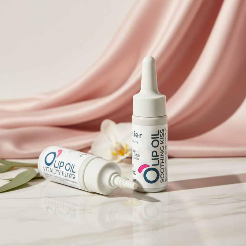 Natural vegan lip oils in dropper bottles on marble with pink silk and orchid background