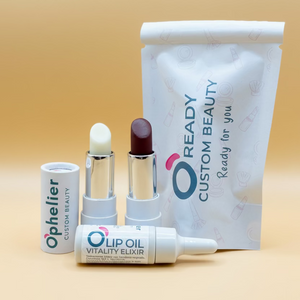 Custom lip balm, lipstick, and lip oil set with white packaging on a beige background