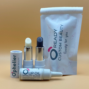 Vegan lipsticks and lip oil set with custom beauty pouch on a neutral background