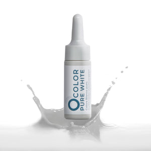 White cosmetic dropper bottle labeled 'Color Pure White' with liquid splash on white background.