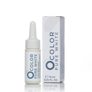 Bottle and box of O Color Pure White vegan cosmetic pigment on white background, 10 ml size.