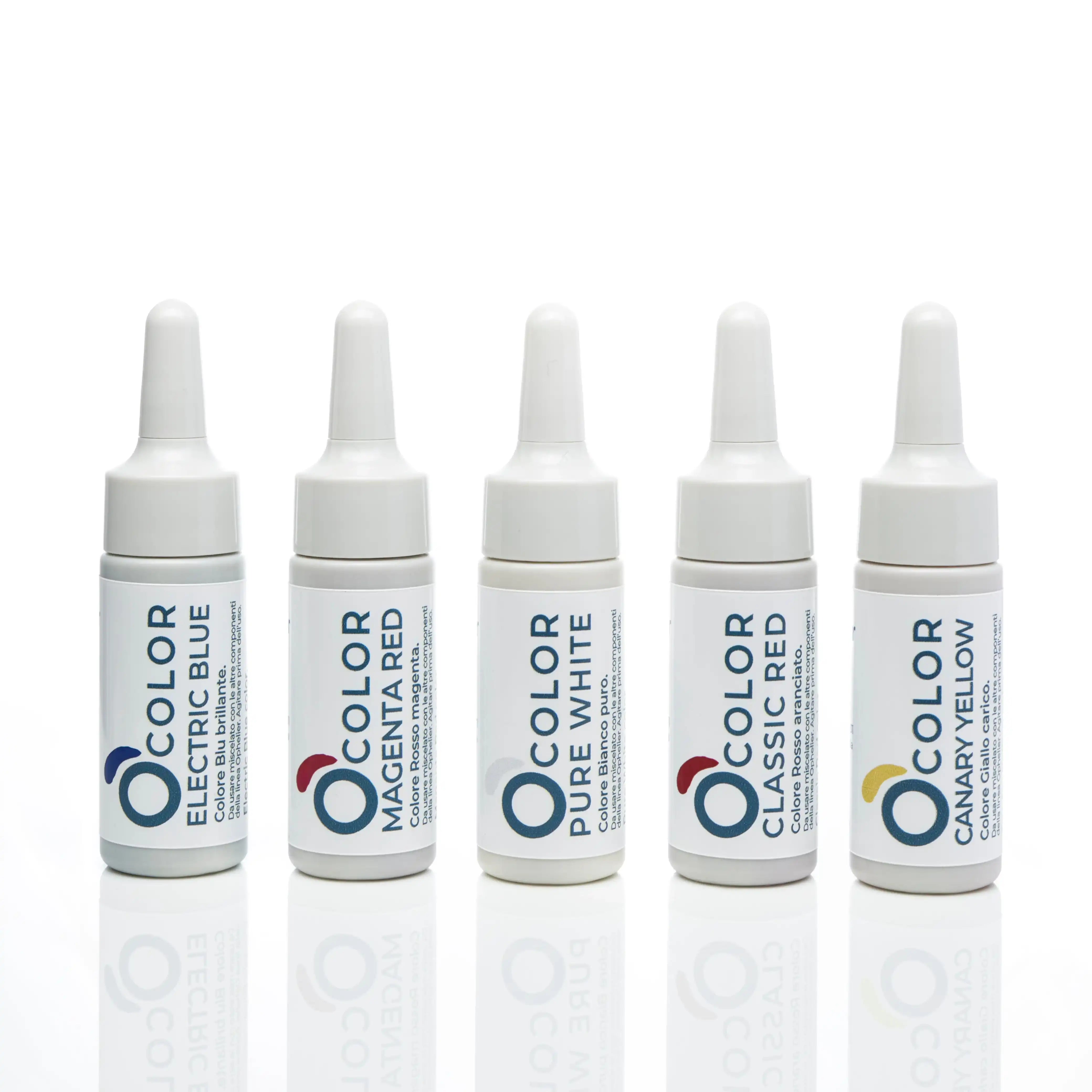 Five cosmetic color dropper bottles in blue, red, white, yellow, and magenta tones
