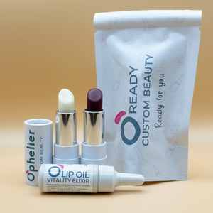 Natural vegan lipsticks and lip oil set with custom beauty pouch, neutral background