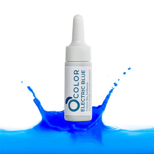 Dropper bottle of electric blue color pigment with splashing blue liquid on white background