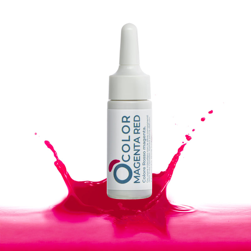 Magenta red cosmetic color dropper bottle with vibrant magenta liquid splash on white background