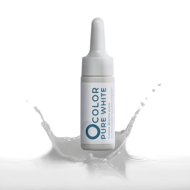 White cosmetic dropper bottle labeled 'Color Pure White' with liquid splash on white background.